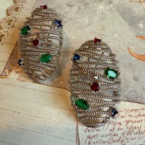 Silver-Tone Wire Wrap Earrings with Green, Red & Blue Stones